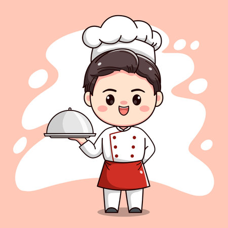 cute chef boy character with bringing foodのイラスト素材