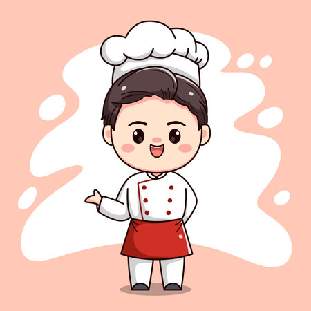 Cute chef boy character with welcoming handのイラスト素材