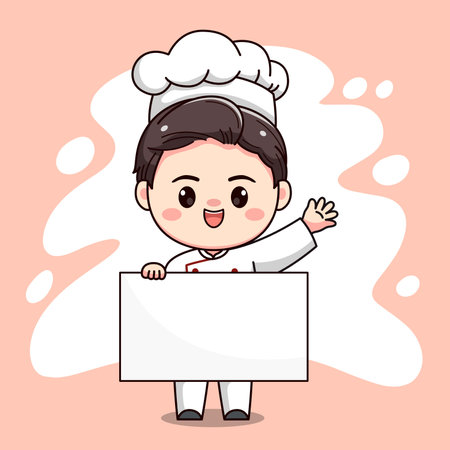cute chef boy character with a board for textのイラスト素材