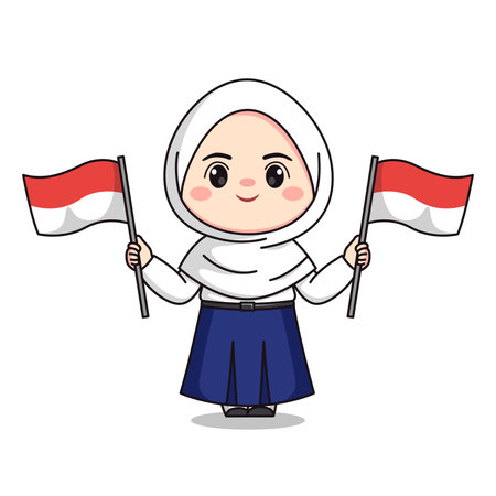Indonesian student junior high school holding flag cute hijab girl characterのイラスト素材