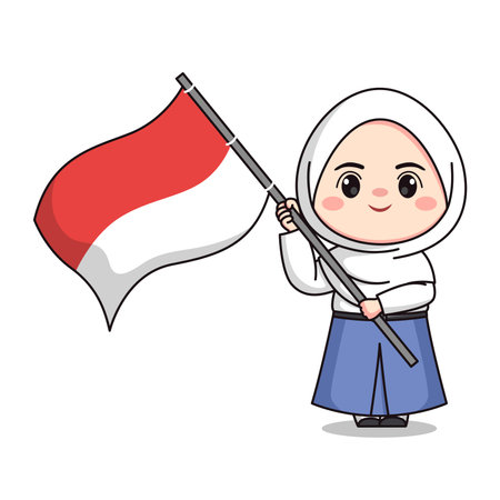 Indonesian student senior high school holding flag cute hijab girl characterのイラスト素材