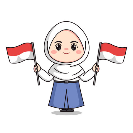 Indonesian student senior high school holding flag cute hijab girl characterのイラスト素材