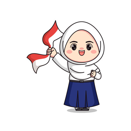 Indonesian student junior high school holding flag cute hijab girl characterのイラスト素材