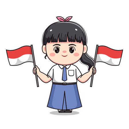 Indonesian student senior high school holding flag cute kawaii girl characterのイラスト素材