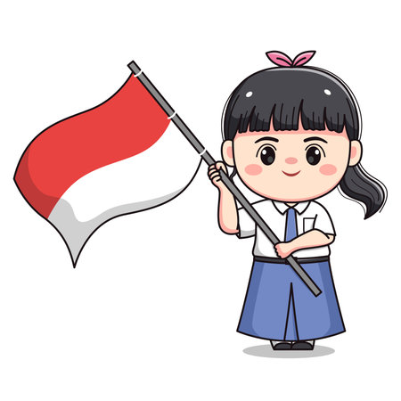 Indonesian student senior high school holding flag cute kawaii girl characterのイラスト素材