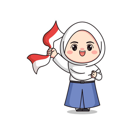 Indonesian student senior high school holding flag cute hijab girl characterのイラスト素材