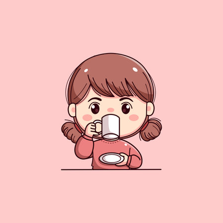 cute girl character while drinking coffeeのイラスト素材