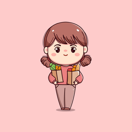 cute girl character with carrying shopping and vegetablesのイラスト素材