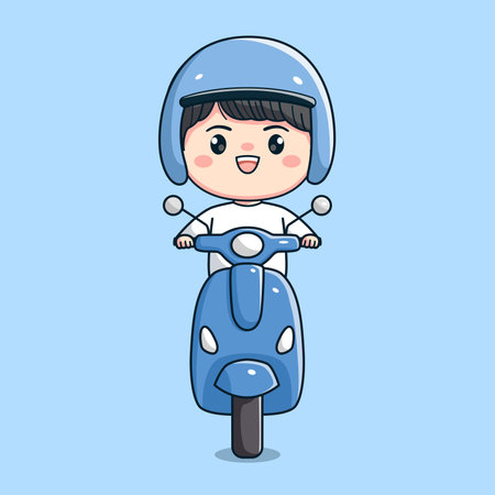 cute cartoon riding a motorbike and wearing a helmetのイラスト素材