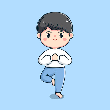 cute boy character doing yogaのイラスト素材