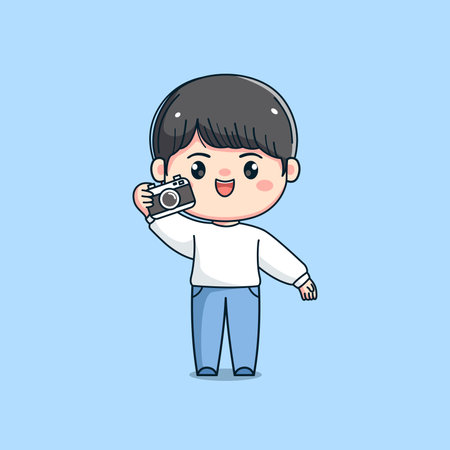 cute boy character carrying a cameraのイラスト素材