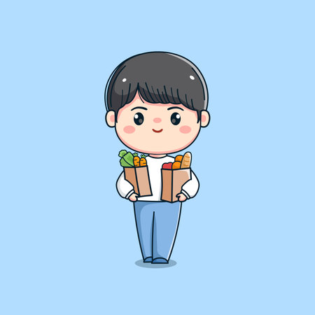 cute boy character with carrying shopping and vegetablesのイラスト素材