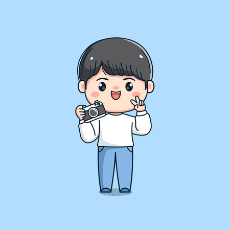 cute boy character carrying a cameraのイラスト素材