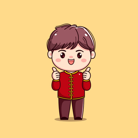 Cute boy in traditional Chinese costume. Vector cartoon character illustration.のイラスト素材