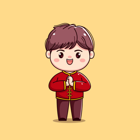 Cute little boy in red costume. Cartoon character. Vector illustration.のイラスト素材