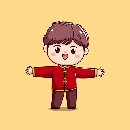 Cute little boy in traditional chinese costume. Vector illustration.のイラスト素材