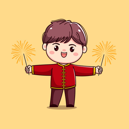 Cute boy holding sparklers over yellow background. Vector illustration.のイラスト素材
