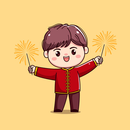 Cute boy holding sparklers. Vector cartoon illustration. Isolated on yellow background.のイラスト素材