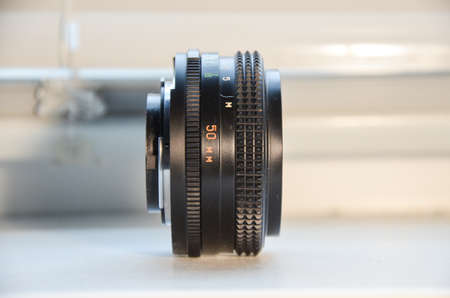 Black 50mm lens for dslr mirror cameraの写真素材