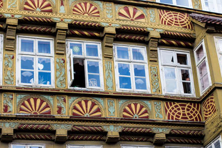 Closeup of row of windows of the oldest woodframe building in downtown Hannover, Lower Saxony, Germanyの写真素材