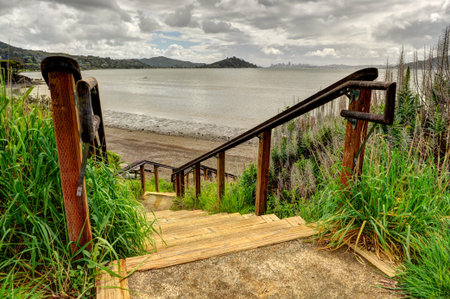 San Francisco skyline background with steps to Richardson Bay