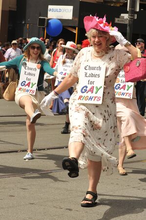 SAN FRANCISCO - JUNE 28: Paraders on Market Street in the SF Pride Parade enjoy the day on June 28, 2015のeditorial素材