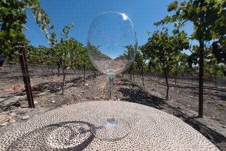 A red wine glass on a table in a vineyard.の写真素材