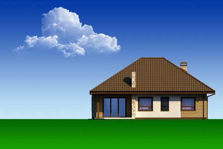 Country house on the background of blue sky and clouds.の写真素材