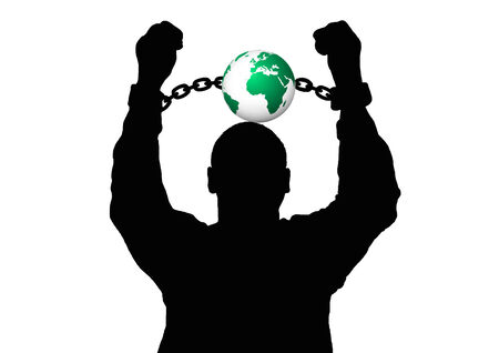 Silhouette men tearing the chains of the earth.の写真素材