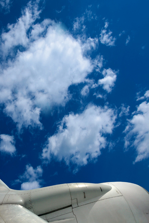 Part of the engine of the plane against the sky.の写真素材