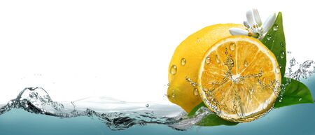 Juicy, ripe citrus lemon on a background of splashing water.の写真素材