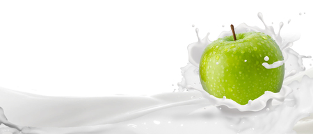 Green Apple in milk yogurt spray.の写真素材