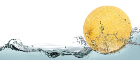 Vegetable ripe melon in a spray of clear water.の写真素材