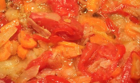 Cold appetizer from harvested lecho vegetables. Background.の写真素材
