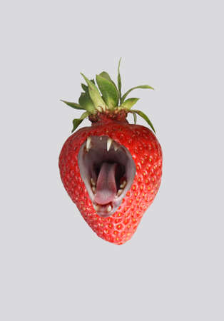 Strawberry with open mouth and tongue with teeth.の写真素材