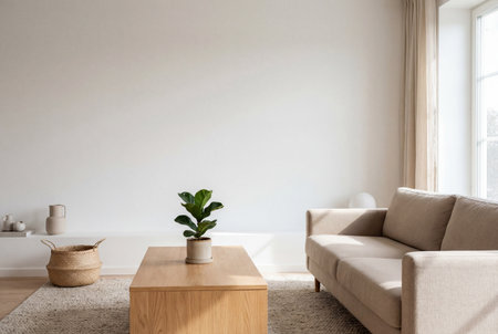 Living room interior with beige sofa, coffee table and plants.の素材