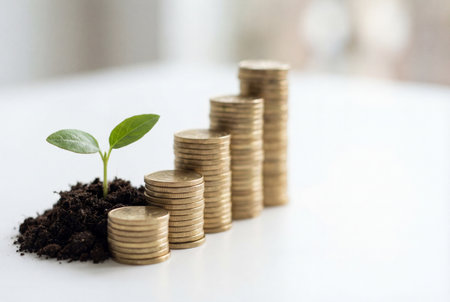 Gold coin stack with green plant growing on white background, business growth conceptの素材