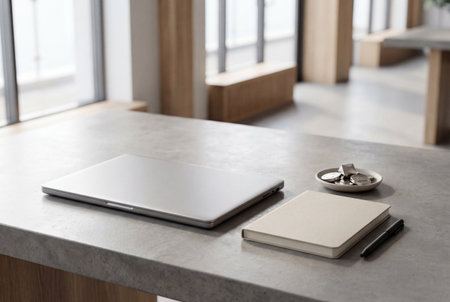 Laptop and stationeryle table in office, closeupの素材