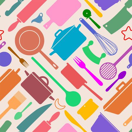 endless patterned wallpaper with silhouettes of kitchen utensilsの写真素材