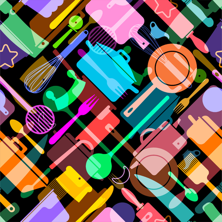 endless patterned wallpaper with silhouettes of kitchen utensilsの写真素材