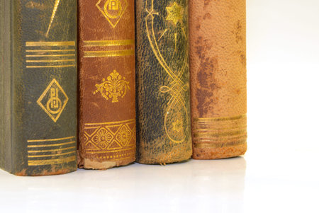 closeup of old books from an antiquarian bookshop