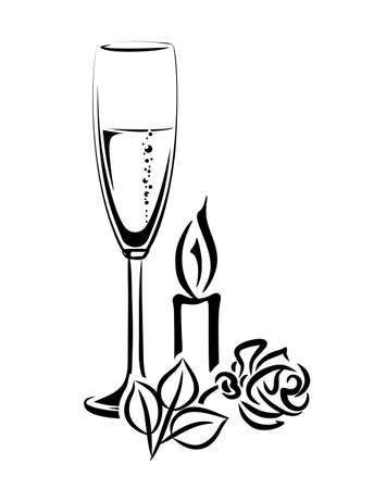 illustration of champagne glass and candle with rose for a festive occasionのイラスト素材