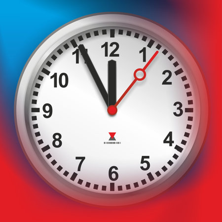 modern clock with watch hands indicating five minutes to twelve