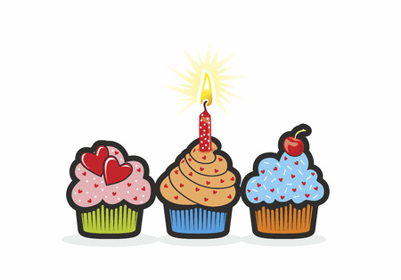 three different cupcakes decorated with candle and heartsのイラスト素材
