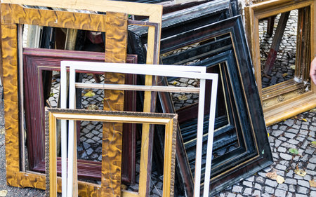 Picture of wooden and metal frames on displayの写真素材