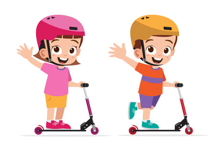 Cute little boy and girl riding scooters. Vector illustration.の写真素材