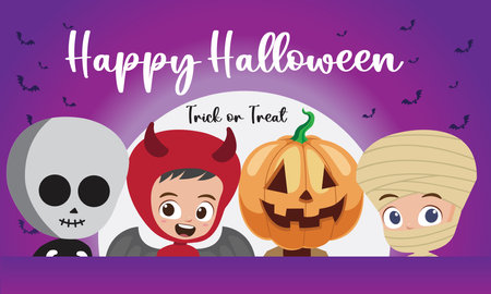 Happy Halloween with kids in devil, pumpkin, mummy, and reaper costumes vector illustrationのイラスト素材