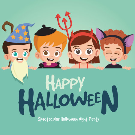 Group of kids in halloween
costume with Happy Halloween signboard vector illustrationのイラスト素材