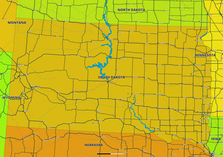 A detailed editable vector map of the US state of South Dakota. The map highlights state boundaries, major cities, highways, rivers, and geographic features. Ideal for design andのイラスト素材