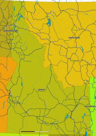 A detailed editable vector map of the US state of Idaho. The map highlights state boundaries, major cities, highways, rivers, and geographic features. Ideal for design and presentationのイラスト素材